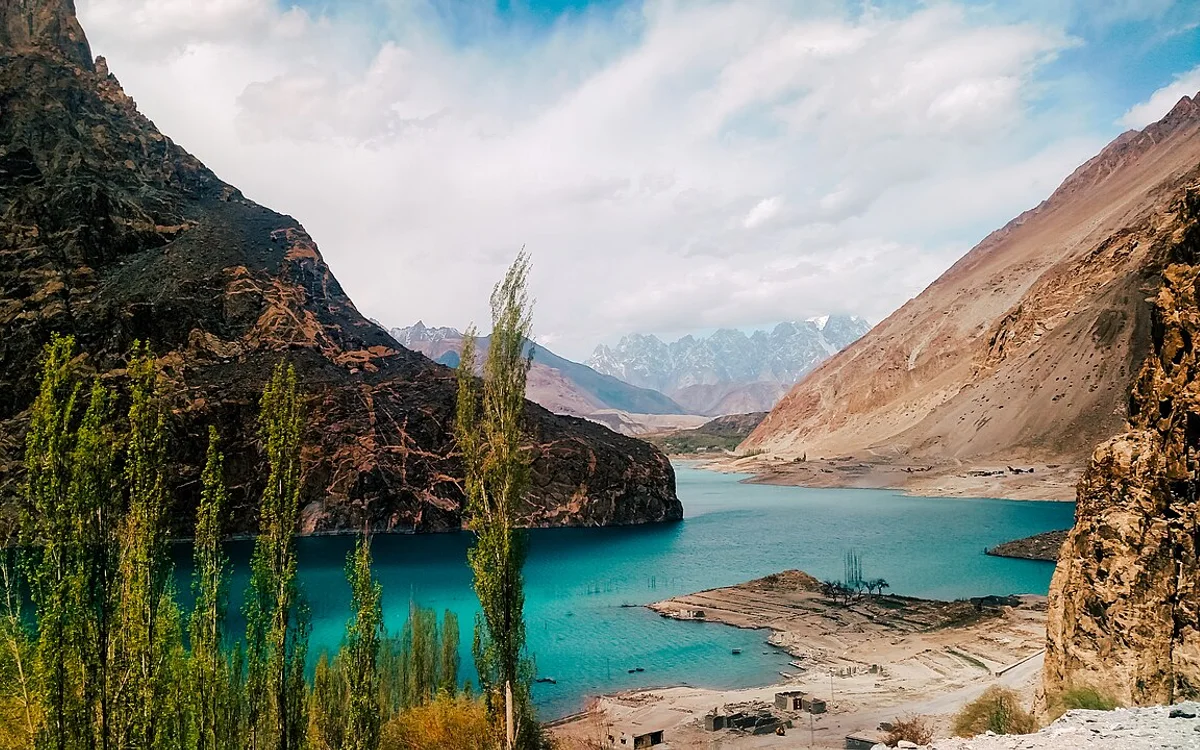 Turquoise Attabad Lake between mountains in Hunza Valley